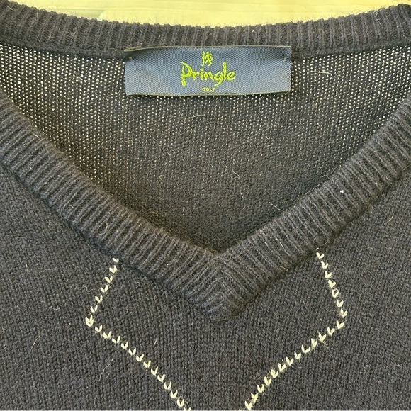Pringle Navy and Cream Argyle Wool V-Neck Golf Sweater Men's Medium - Picture 8 of 8